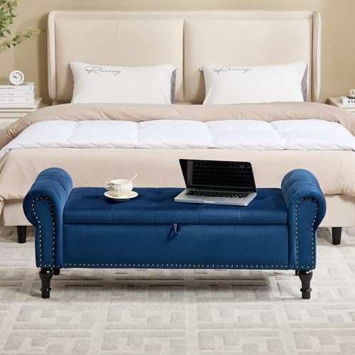 Storage Bench for Bedroom, 51" Upholstered End of Bed Bench, Velvet Queen Size Benches with Rolled Arms, Tufted Button Storage Long Ottoman, Living Room, Entryway, Blue