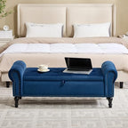Storage Bench for Bedroom, 51" Upholstered End of Bed Bench, Velvet Queen Size Benches with Rolled Arms, Tufted Button Storage Long Ottoman, Living Room, Entryway, Blue