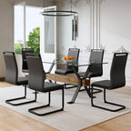 71" Glass Dining Table Set for 6, Modern Dining Table Set for 6, 0.4" Thick Tempered Glass Tabletop with Matte Black Metal Legs and Wooden Crossbar, 6 PU Chairs for Dining Room, Kitchen