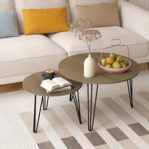 Round Nesting Coffee Tables Set of 2, Marble Grain Top Modern Side Tables | Modern Nesting Coffee Tables, Circular Marble Effect Tabletop Stackable End Tables, Hairpin Leg Side Table for Home Decor