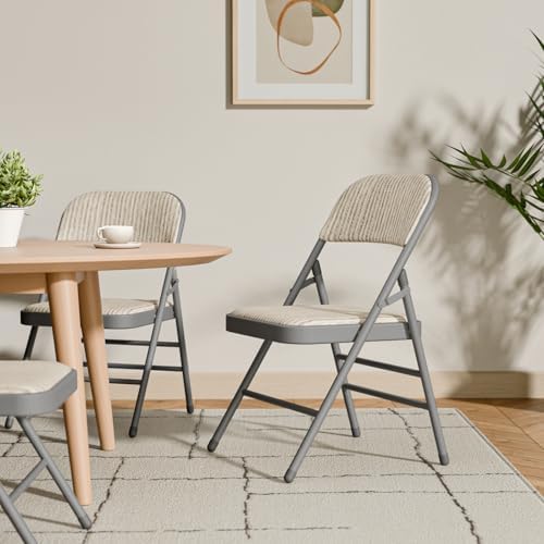 6 Pack Padded Folding Chairs with Fabric Cushion and Back, Oatmeal Stripe | Heavy Duty Foldable Dining Chair Set with Steel Frame Stackable Seat for Party Home Office Event Wedding Indoor Outdoor