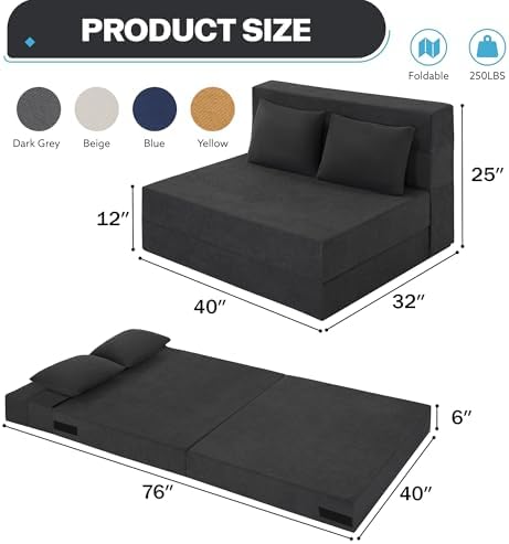 Fvkind Folding Futon Couch, Convertible Sleeper, Standard Size, Dark Grey | Ribbed Corduroy Fabric - Foldable Guest Bed - Bedroom & Living Room - Adults & Visitors - Easy Fold Storage