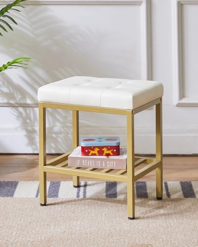 IBUYKE Rectangular Makeup Stool, PU Seat Vanity Chair, White WBD017W | Adjustable Feet Storage Space Footrest Multi-Use Small Side Table Ottoman Bedroom