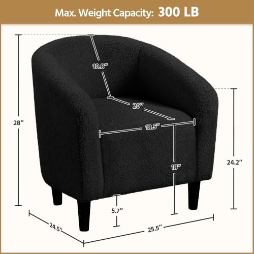 Yaheetech Small 25.5in Wide Sherpa Barrel Accent Chair for Bedroom, Black | Compact Cozy Barrel Chairs with a Curved Silhouette, Upholstered Furry Armchair for Small Spaces, Living Room Bedroom Corner