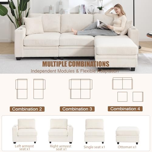 97" Modular Sectional Couch with Storage, Corduroy 3-Seater L Shaped Sofa with Ottoman Chaise, Removable Sofa Cover, Cloud Modular Sofas for Living Room, Apartment