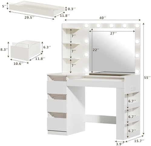HUAHUU Vanity Desk with Lighted Mirror & Transparent Top, Makeup Vanity Desk with 4 Transparent Drawers and RGB Lighting, Built-in Power Outlet, 3-Tier Side Shelves & Storage Organizer for Bedroom
