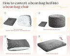 Hobestluk Bean Bag Chair Convertible 3 in 1 Beanbag Washable Giant Adult | Large,Memory Foam Filling,Plush Lounge,Bean Bag Bed ,Removable Cover,Living Room Bedroom Dorm,Sleeping ,Full,White