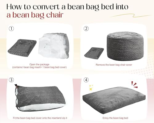 Hobestluk Bean Bag Chair Convertible 3 in 1 Beanbag Washable Giant Adult | Large,Memory Foam Filling,Plush Lounge,Bean Bag Bed ,Removable Cover,Living Room Bedroom Dorm,Sleeping ,Full,White