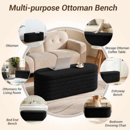 Teddy Sherpa Oval Black Ottoman with Storage, 45.5-inch Bench | Teddy Upholstered Window Bench Hidden Storage, Safety Hinge and Seating, for Living Room, Bedroom, Small Apartment