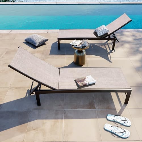 Crestlive Products Lounge Chair Outdoor Set of 2, Metal Pool Chaise Lounge Chairs, Adjustable Five-Position Tanning Recliner, All Weather for Patio, Beach, Yard, Pool (Beige)