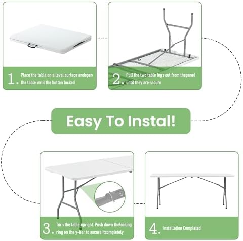 6FT White Plastic Folding Table Heavy Duty Tables Set of 1 | HDPE Tabletop Fold-in-Half Portable Utility Foldable Carrying Handle for Party Picnic Dining Office Event Indoor & Outdoor