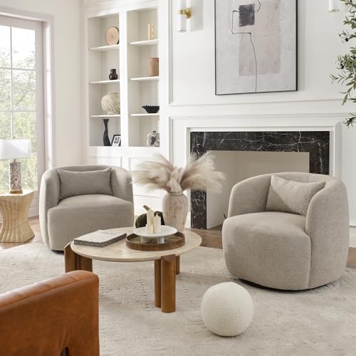KINWELL 34" W Boucle Swivel Barrel Chairs with Pillow Set of 2, Taupe | No Assembly Round Sherpa Upholstered Armchairs Accent Chairs Single Sofa Chairs with Toss Pillow for Living Room and Bedroom