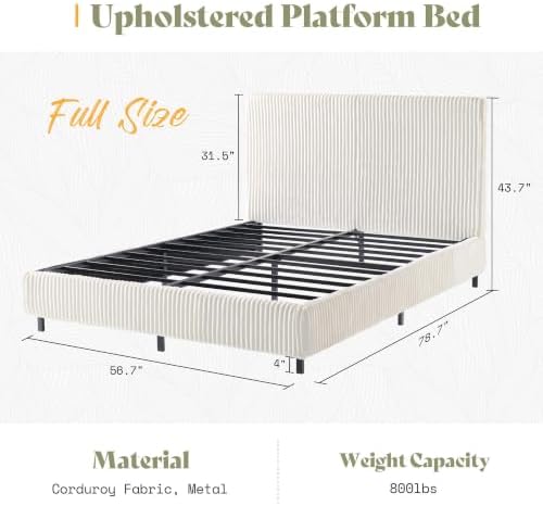 AMERLIFE Full Bed Frame, Upholstered Metal Platform Bed, Cream