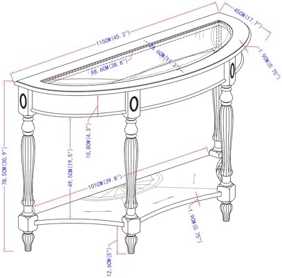 PADMA HOUSE 2-Tier Traditional Wood Semi-Circle Sofa Table with Glass Top | Cherry Walnut 45.3"W*17.7"D*30.9"H, Half-moon Console Table with Shelf for Living Room, Glass Entry Table for Homeoffice