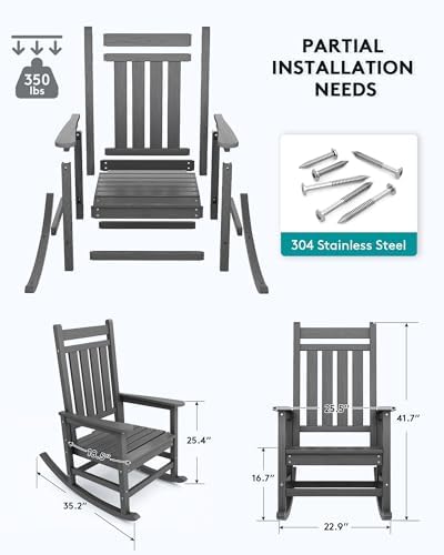 SERWALL Outdoor Rocking Chair Set of 2, HDPE Rocking Chairs for Adult, Grey | 21.1" Widened Seat adds Extra Comfort, Oversized Rocking Chair for Adults, All Weather Porch Rocker for Lawn Garden