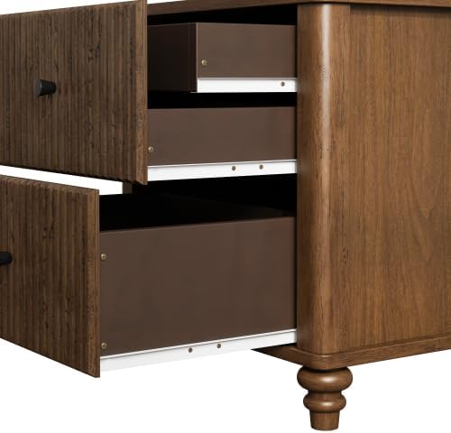 Fluted Nightstand, 21.65 Inch Wide Mid Century Modern Bedroom Side Table with 3 Drawers, Wooden Bedside Table with Metal Handles, Storage for Living Room Hallway, Walnut