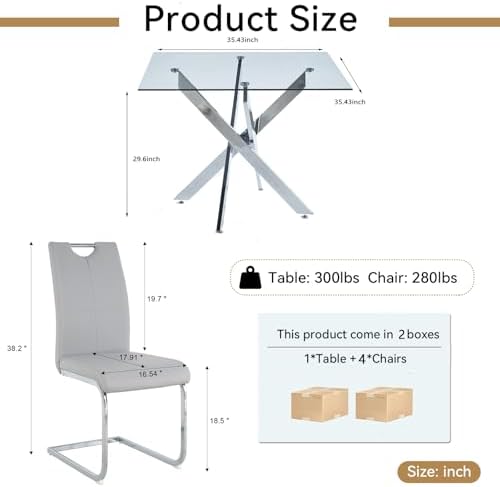 5-Piece Dining Room Table Set, Modern 36" Square Silver Glass Dining Table Set for 4, Kitchen and Dining Table Set with 4 Grey PU Leather Dining Chairs for Dining Room Kitchen