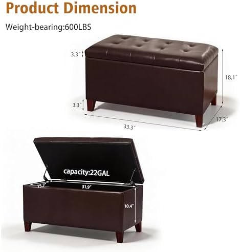 Joveco Storage Ottoman Bench, 33 Inches Faux Leather Rectangle Tufted Foot Stool for End Foot of Bed, Bedroom, Living Room, Brown