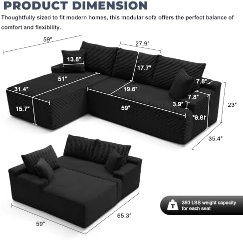 Mangodan Cloud Sectional Sofa, Couch for Living Room, Black | L Shaped Modular, Left Facing Chaise, Deep Seat & Back Support, Kid & Pet Friendly, Fits Apartment and Living Room
