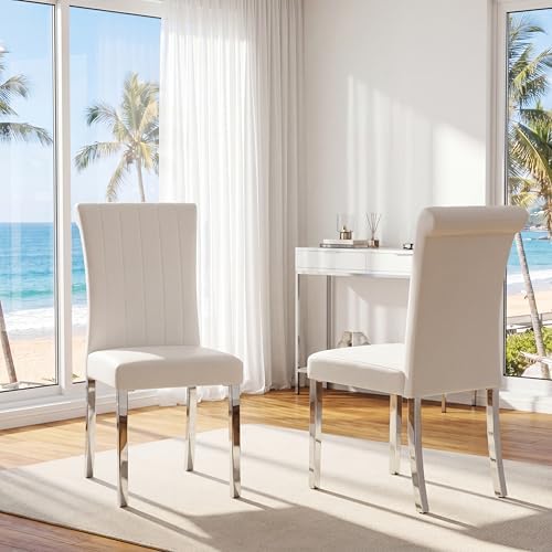 Asday 7 Piece Dining Table Set, Luxury White and Silver Dining Room Table Set with 60 inch Rectangular Dining Table and 6 White Leather Dining Chairs