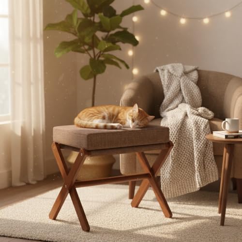 BAMBOOHOMIE Foldable Foot Stool Ottoman, Modern Foot Rest with Bamboo X Legs & Thick Foam Cushion, Folding Foot Stools Small Padded for Bedroom Living Room, Footstool for Chair Couch (Brown - Brown)