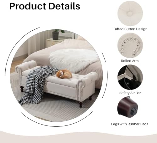 SOFTHION 58.1" Storage Bench for Bedroom, Linen Upholstered, Beige | End of Bedroom Bed Bench Ottoman with Tufted Cushioned Rolled Arm Large Storage Space for Reading/Living Room/Entryway