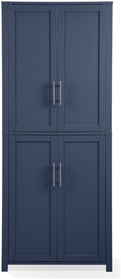Pemberly Row Traditional Wood Kitchen Storage Pantry, Navy Finish, MDF and Birch Veneer, 67" H x 28" W x 15" D, Adjustable Shelves, Shaker-Style Doors, Brushed Nickel Hardware, Home and Kitchen