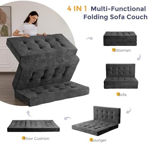 MAXYOYO 6" Folding Sofa Bed for Floor, Tufted Tri-Fold Floor Mattress | Queen Size Portable Sofa Couch Guest Mat with Chenille Fabric for Adults, Foldable Topper for Camping, Dark Grey, Queen