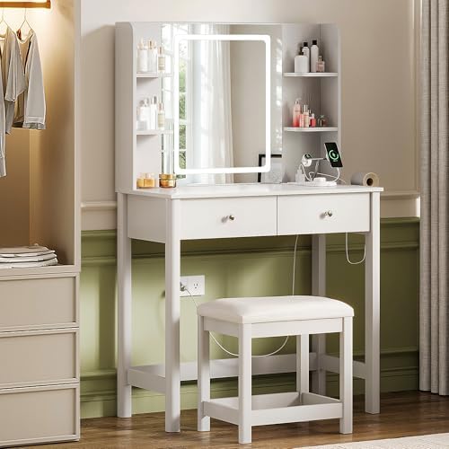 Vanity Desk with LED Mirror, 3 Lighting Modes and Chair | Small Makeup Vanity Table Set with Drawers, Dressing Table with Power Outlet for Girls Bedroom, White