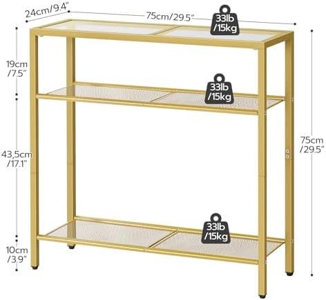 HOOBRO 29.5" Narrow Console Table, 3-Tier Tempered Glass Sofa Table | Modern Entryway Table, for Entrance, Living Room, Foyer, Hallway Bedroom, Gold GD21XG01G1