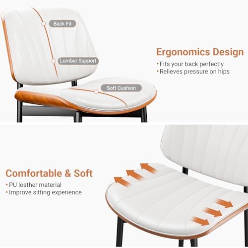 YaFiti Dining Chairs Set of 2, Mid Century Modern PU Leather Kitchen Chairs | Ergonomic Walnut Backrest, Upholstered Waterproof Faux Leather Seat, Stable Metal Legs, Adjustable Footpads, White Scallop