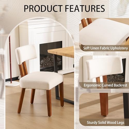 MOJAY Dining Chairs Set of 4, Mid Century Modern Kitchen Chair Linen Fabric Side Chairs with Curved Backrest for Kitchen, Dining Room, Restaurant, or Patio, Off-White