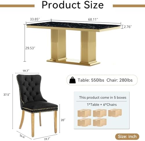 7-Piece Dining Table Set for 6, 68" Black Marble Kitchen Table with 6 Black Chairs,Modern Rectangle Dinner Table and Chairs Set with Double Column Stainless Steel Legs for Kitchen & Dining Room