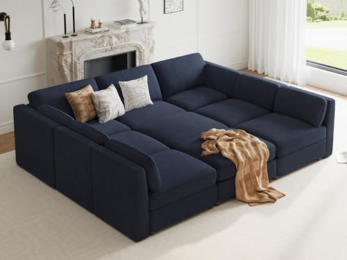 Oversized Cloud Sleeper Couch 9 Seater Modular Sectional Sofa Blue | Modern Chenille Wide Deep Seat Sofa Bed, Comfy Luxury Couches for Living Room, Bedroom, Apartment, No Tool Assembly