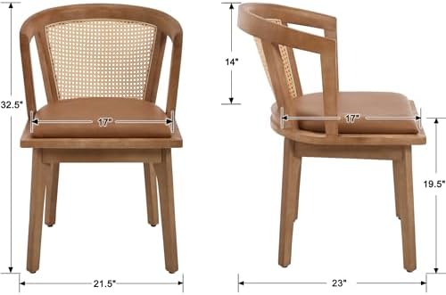 EALSON Rattan Mid Century Dining Chairs Set of 2 Modern Farmhouse Wooden Dining Room Chairs with Cane Curved Back Leather Upholstered Comfortable Kitchen Side Chairs for Restaurant, Brown
