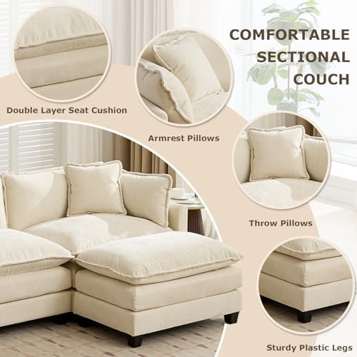 SoarFlash 113.78" Chenille L Shaped Modular Sofa with Ottoman,Beige