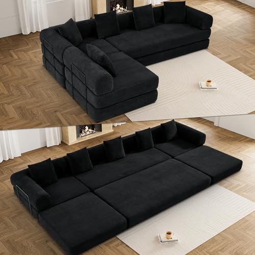 DAMAIFROM Convertible Sleeper Sofa Bed Floor Couch, Black | 158" Corduroy Modular Compressed Futon Sofa Bed, Pull-Out Cloud Sectional Couch with Memory Foam Mattress for Living Room