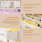 FINOESO Large Vanity Desk with Mirror and Lights, 3-Color LED, Makeup Vanity with Clear Glass Top & RGB Light, Vanity Table with 9 Drawers, Open Shelf, Power Outlet, Vanity for Women Bedroom, White
