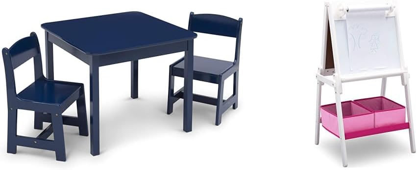 Delta Children MySize Kids Wood Table and Chair Set with 2 Chairs, Deep Blue and Double-Sided Storage Easel, Bianca White