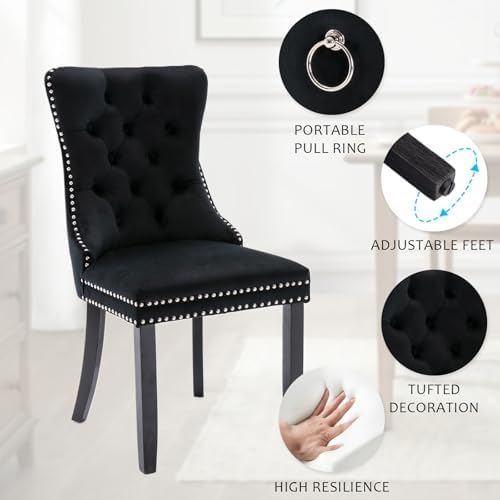 Velvet Upholstered Dining Chairs Set of 4, Modern Mid-Century Kitchen Chairs with High Back, Nailhead Trim and Solid Wood Legs,Metal Pulling Ring for Dining Room Living Room,Black