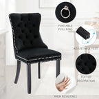 Velvet Upholstered Dining Chairs Set of 4, Modern Mid-Century Kitchen Chairs with High Back, Nailhead Trim and Solid Wood Legs,Metal Pulling Ring for Dining Room Living Room,Black