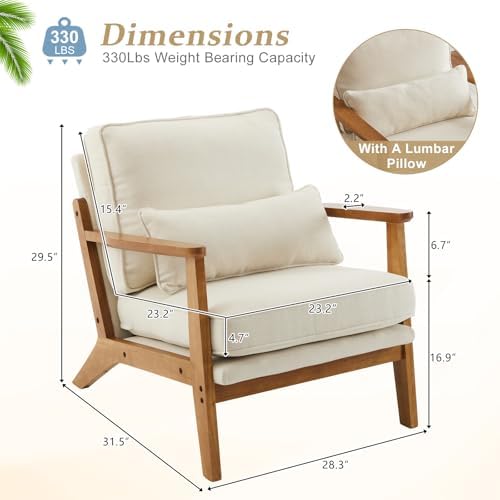 VINGLI Solid Wood Wide Armrests Accent Chair,Upholstered Mid Century Modern Chair with Pillow,Comfy Reading Chair Farmhouse Arm Chair,Chairs Living Room,Bedroom,Guest Room,Linen Fabric,Beige
