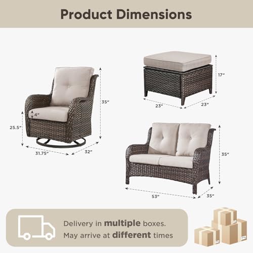 Belord 5 Piece Wicker Patio Furniture Set, Outdoor Swivel Rocker Chairs Set of 2 with Ottomans and Loveseat, All Weather Patio Conversation Furniture Set, for Porch Pool, Brown Wicker/Beige
