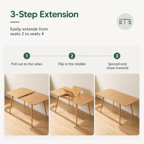 47’’-63’’ 100% Oak Extendable Dining Table, Solid Wood Folding Kitchen Table, Mid Century Modern Dinner Table for Kitchen, Apartment, Living Room (47''-63'' Natural)