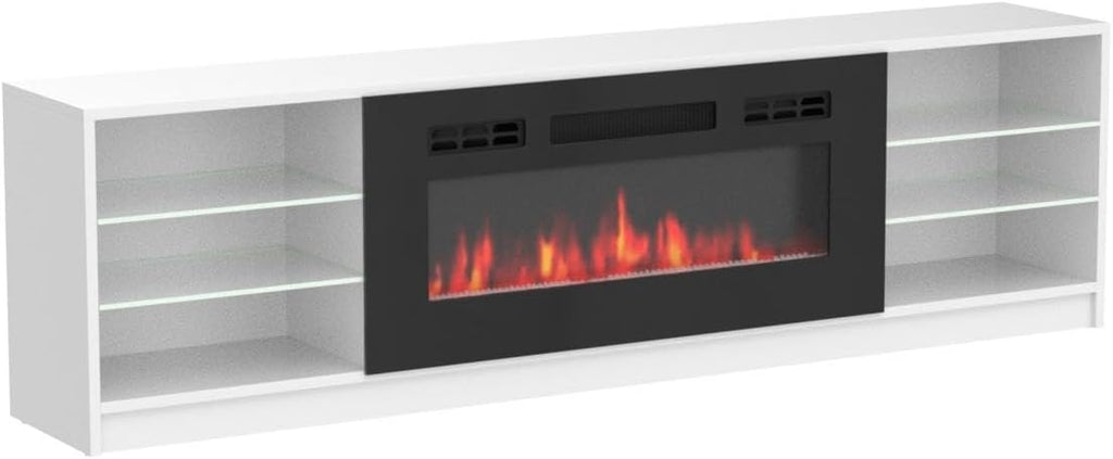 Meble Furniture Boston 01 Electric Fireplace TV Stand — High Gloss Modern Media Console with LED Lights and Storage — Fits TVs up to 90" — White, 79" W