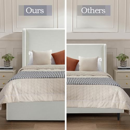 King Size Upholstered Platform Bed Frame, 52.3" High Headboard Carmen Wingback Beds, Tall Headboard King Floor Bed Frames, No Box Spring Needed No Noise, Minimalist, Textured Ivory