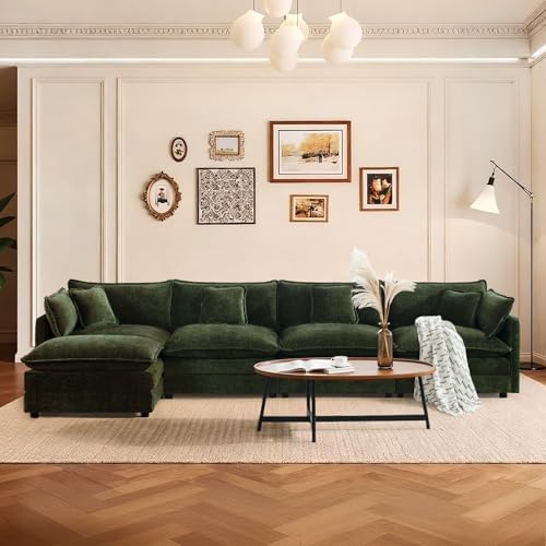 SoarFlash 137" Chenille L Shaped Modular Sofa with Ottoman,Green | Randomly Assemble Modular Sofa Sets, Modern Recliner Deep Seat Sofa Set for Living Room,Office