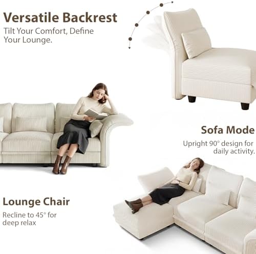 LLappuil 9 Seat Sectional Couch with Storage, Large U Shaped Corduroy Modular Sectional Sofa for Living Room with Adjustable Arms Backs, Plush Supportive Cushions (Beige)