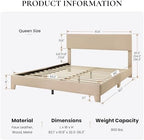 SHA CERLIN Linen Upholstered Queen Size Bed Frame with Headboard, Beige