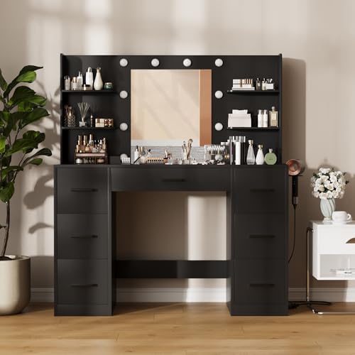 Furmax Vanity Desk with LED Mirror,Power Outlet,7 Drawers Makeup Table | LED Lighted Mirror & Built-in Outlet,7 Drawers and 6 Shelves,Organized Makeup Storage for Bedroom,Black